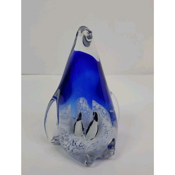 other Other - Art Glass Penguin with Two Penguins inside Cobalt Blue Tall Arctic Paperweight